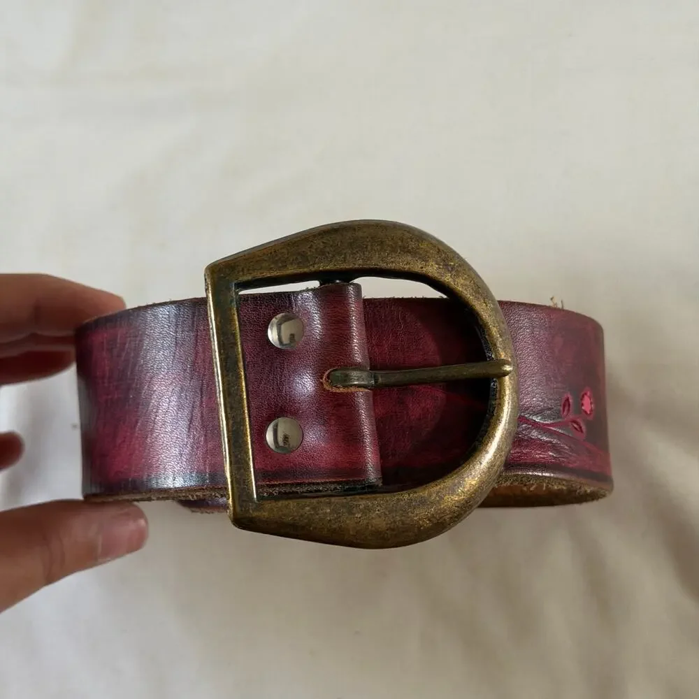 Pink Genuine Leather Floral Detail Belt Boho Artsy Sz 28 S